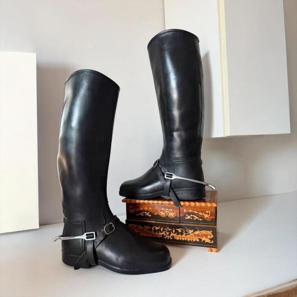 Y2K Vintage Black Leather & Rubber Riding Rain Boots